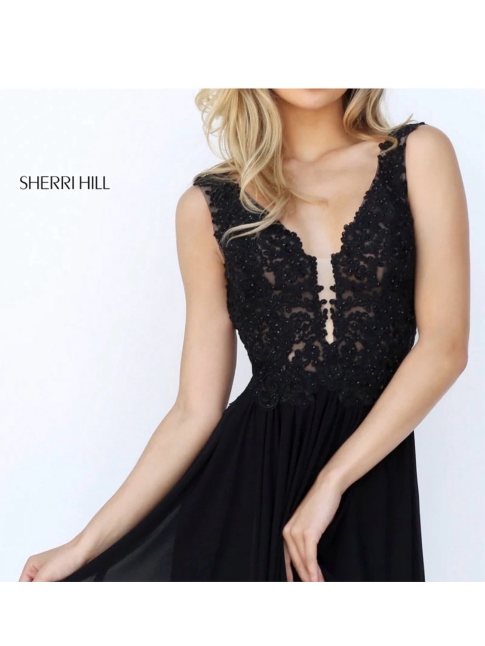 Sherri Hill Black Beaded Lace Bodice Prom Dress